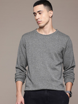 Roadster Self Design Round Neck Casual Men Grey Sweater