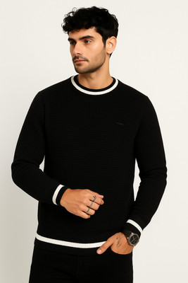 WULVEE Self Design Round Neck Casual Men Black Sweater