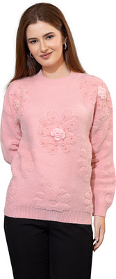 GFO Floral Print Round Neck Casual Women Pink Sweater
