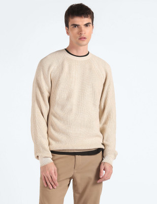 FLYING MACHINE Self Design Crew Neck Casual Men Beige Sweater