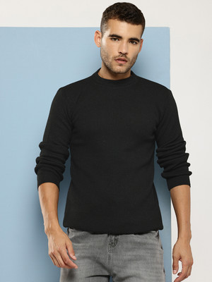 Roadster Self Design Round Neck Casual Men Black Sweater