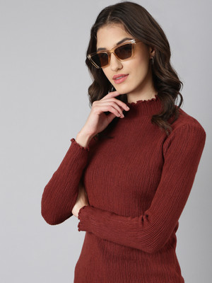 SHOWOFFFF Self Design Round Neck Casual Women Brown Sweater