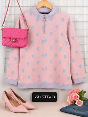 Austivo Printed High Neck Casual Women Pink Sweater