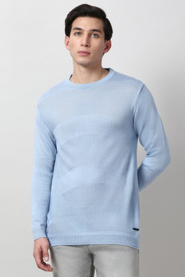 PETER ENGLAND Solid, Self Design Crew Neck Casual Men Light Blue Sweater
