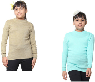 KAVYA Solid Round Neck Casual Girls Beige, Blue Sweater