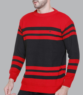 eWools Striped Round Neck Casual Men Red Sweater
