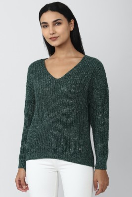 VAN HEUSEN Self Design V Neck Casual Women Green Sweater