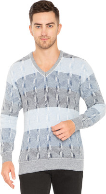Clubble Self Design V Neck Casual Men Grey Sweater