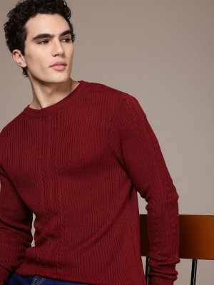 French Connection Self Design Round Neck Casual Men Maroon Sweater