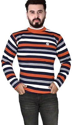 Marc Laurent Striped Round Neck Casual Men Blue Sweater