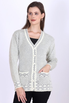 First Sleep Printed V Neck Casual Women Reversible White Sweater