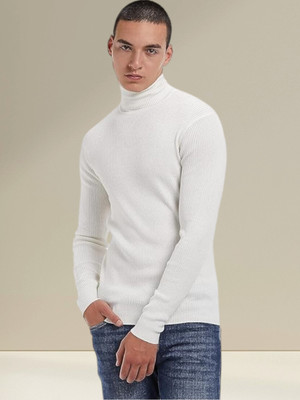 AEMA Solid High Neck Casual Men White Sweater