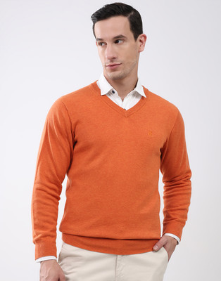 MONTE CARLO Self Design V Neck Casual Men Orange Sweater
