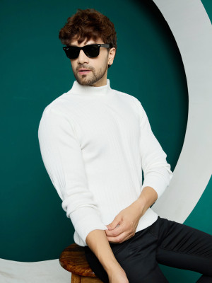 KVETOO Solid High Neck Casual Men White Sweater