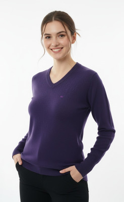 Aryans Design Solid V Neck Casual Women Purple Sweater