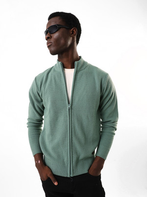 High Star Self Design Collared Neck Casual Men Green Sweater