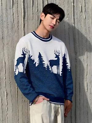 HouseOfCommon Printed, Self Design Round Neck Casual Men Blue, White Sweater