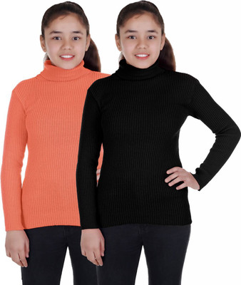 100LUCK Self Design High Neck Casual Boys & Girls Black, Orange Sweater