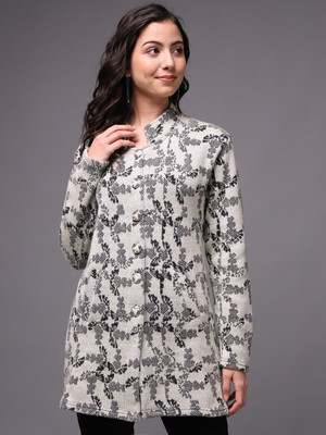eWools Printed Collared Neck Casual Women Grey, White Sweater