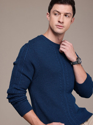 French Connection Self Design Round Neck Casual Men Blue Sweater