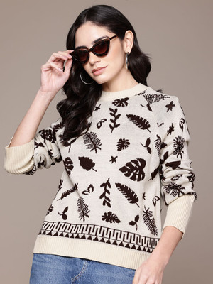 Roadster Solid Round Neck Casual Women Beige Sweater