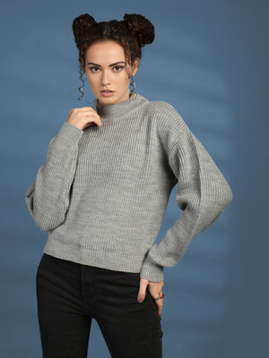 CHKOKKO Self Design High Neck Casual Women Grey Sweater