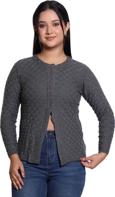 Varenyam Self Design Ruffle Neck Casual Women Grey Sweater