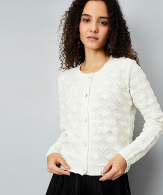 MAX Self Design Round Neck Casual Women Beige Sweater