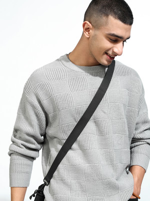 HIGHLANDER Self Design Round Neck Casual Men Grey Sweater