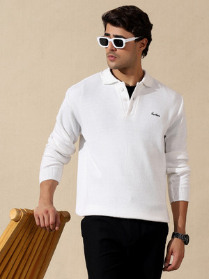 KVETOO Self Design Collared Neck Casual Men White Sweater
