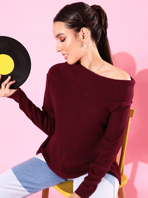Roadster Self Design One Shoulder Neck Casual Women Maroon Sweater