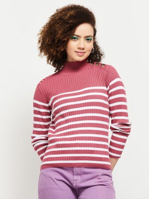 max Striped High Neck Casual Women Pink, White Sweater