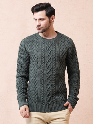 NOQUO Self Design Round Neck Casual Men Dark Green Sweater