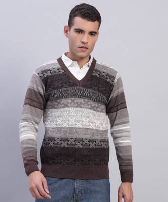 MORKEL Self Design, Printed V Neck Casual Men Brown Sweater