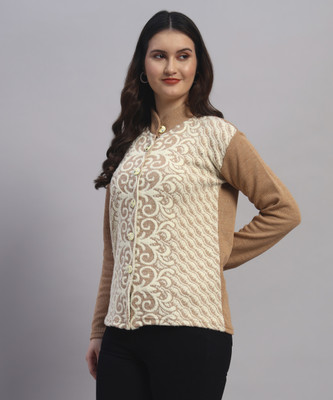 MOD YOUNG Printed Mandarin Neck Casual Women Beige Sweater