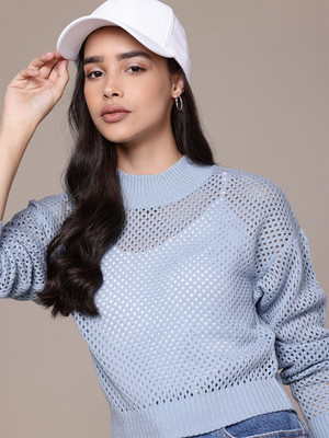 Roadster Self Design Round Neck Casual Women Blue Sweater