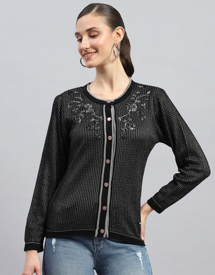 MONTE CARLO Self Design Round Neck Casual Women Black Sweater