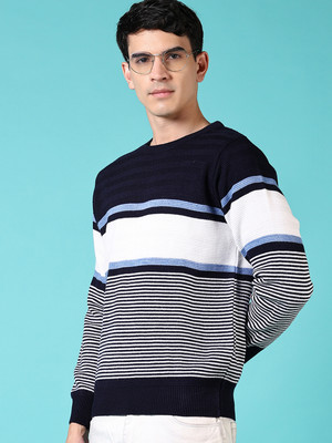V-MART Striped Round Neck Casual Men Blue Sweater
