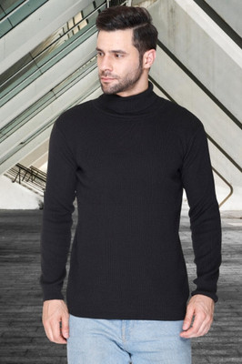 jorden4u Solid, Self Design Turtle Neck Casual Men Black Sweater