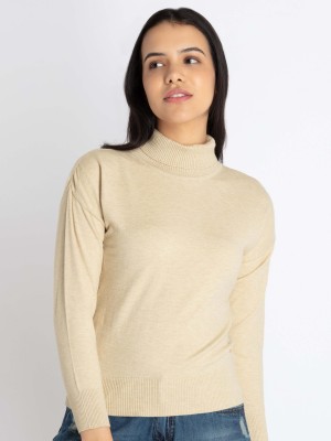 Status Quo Solid Turtle Neck Casual Women Beige Sweater