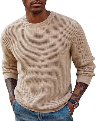 COLORCHAKRA Self Design Round Neck Casual Men White Sweater