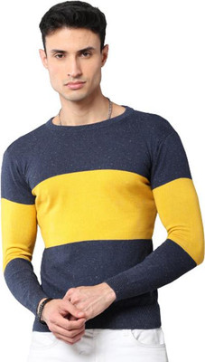 Blue Umbrella Colorblock Round Neck Casual Men Yellow, Dark Blue Sweater