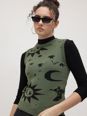 Roadster Self Design Round Neck Casual Women Green Sweater