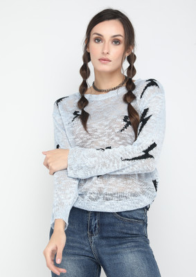 LULU & SKY Graphic Print Round Neck Casual Women Light Blue Sweater