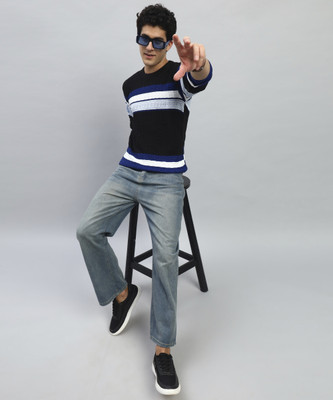 HELL BOUND Striped Round Neck Casual Men Black, White Sweater