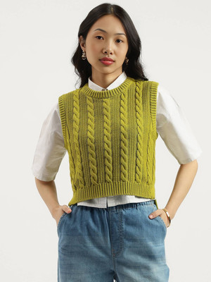 United Colors of Benetton Self Design Round Neck Casual Women Green Sweater