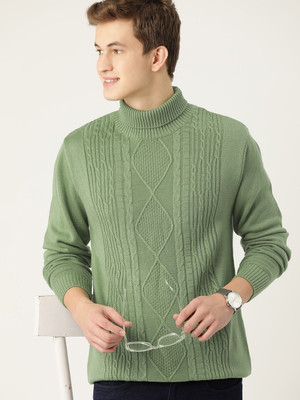 Mast & Harbour Self Design Turtle Neck Casual Men Green Sweater