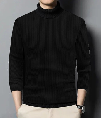 Plus91 Solid Men High Neck Black T-Shirt