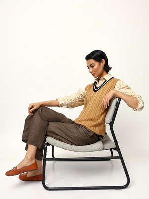 High Star Self Design V Neck Casual Women Beige Sweater