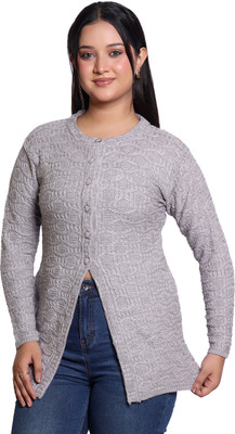 Varenyam Self Design Ruffle Neck Casual Women Grey Sweater